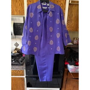 Preston & York Purple Silk Embellished Button Down Shirt & Pants Set Women L